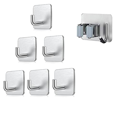 6 Piezas Ganchos Adhesivos para Pared y 1 Piezas Soporte para Escobas, Gancho de Baño Perchero para gancho adhesivo...