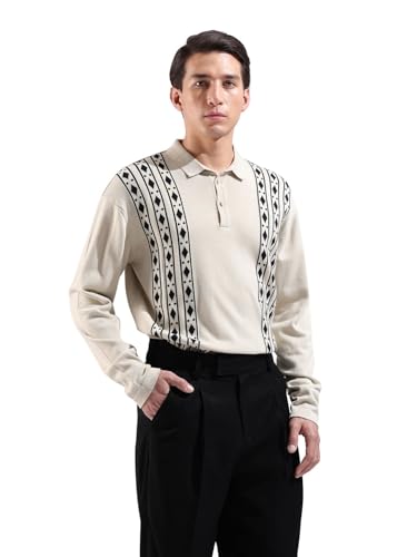 Image of The Indian Garage Co Men Oversized Fit Textured Flatknit Long Sleeve Polo T-Shirt