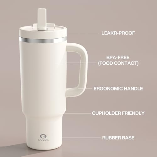 Image of ENCOOL 40 oz Tumbler with Handle and Straw: Stainless Steel Insulated Tumbler Keeps Cold for 24 Hours, Leakproof Travel Cup Fits in Cup Holder and BPA-Free, Cream Moon
