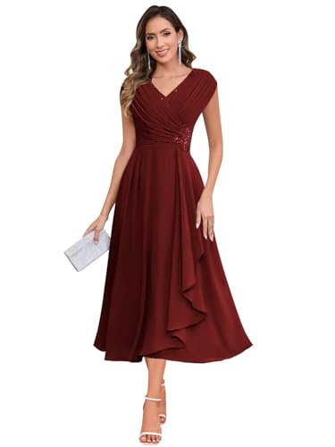 Image of SOLODISH Mother of the Bride Dresses for Wedding Tea Length Chiffon A Line Formal Wedding Guest Party Gown