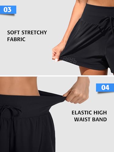 Image of ATTRACO Women's 3 inch High Waisted Swim Board Shorts Pleated Summer Beach Shorts with Pockets