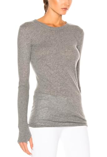 Image of Enza Costa Women's Cashmere Blend Cuffed Crew Top with Thumbholes