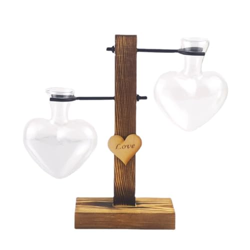 Plant Terrarium with Wooden Stand, Creative Double Heart Glass Hydroponic Vases, Modern Plant Propagation Station Desktop Planter Bulb Vase for Home Garden Office Decoration