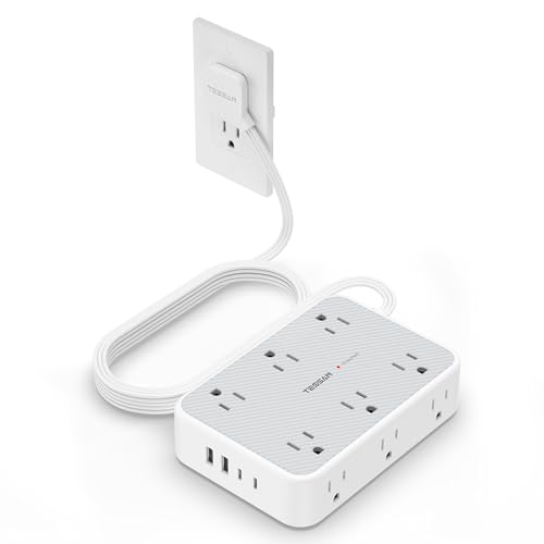 TESSAN 15 ft Extension Cord Surge Protector Power Strip, 12 Outlet Extender with 4 USB (2 USB C), 1800 Joules Protection, Flat Plug, Flat Extension Cord with Multiple Outlets, for Home, Offi