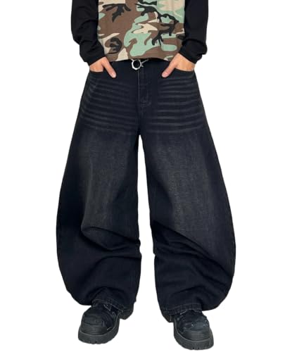 DFGIGT Baggy Barrel Jeans for Men Wide Leg Y2K Jeans,H11 Black,X-Small