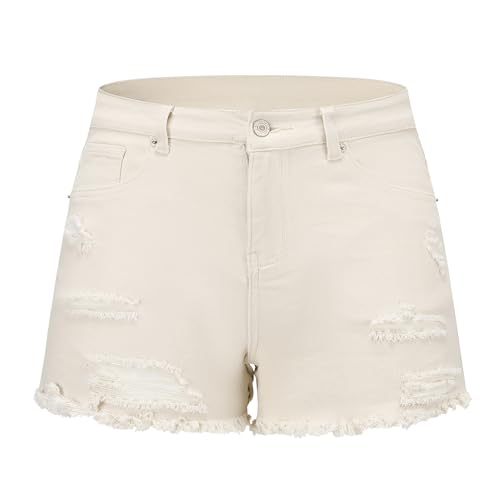 Image of THUNDER STAR Women Mid Rise Ripped Stretchy Jeans Shorts Frayed Raw Hem Casual Denim Shorts