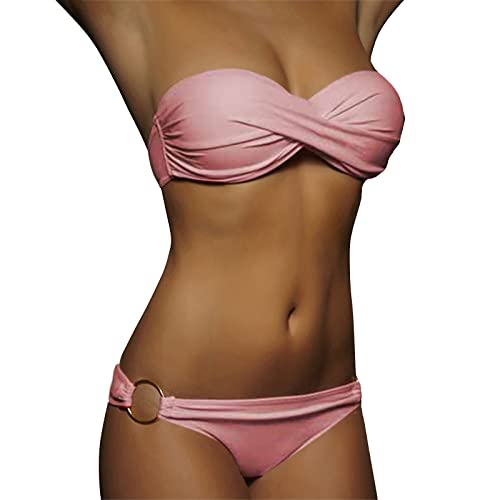 Conjunto de bikini push up de 2 piezas para mujer, traje de baño con cintura alta, parte superior de bikini, moda de playa, bikini a rayas sin tirantes, Rosa., S
