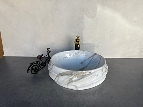 Image of Designer Glossy Finish Ceramic Art Table Top Wash Basin For Bathroom | Collapsible Countertop Washbasin (Black White Glossy Art, 16 x 13 x 6 Inch)
