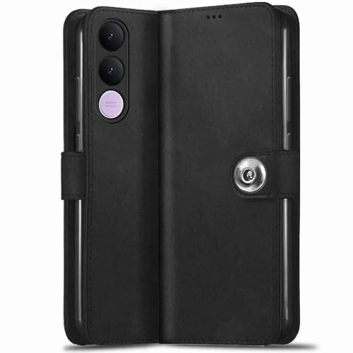 Image of TheGiftKart Genuine Leather Finish Flip Back Cover Case for Vivo V70 FE 5G | Inbuilt Pockets & Stand | Wallet Style | Designer Button Magnet Flip Back Cover Case (Faux Leather, Black)