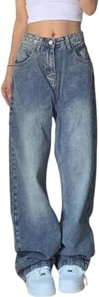 EMMIOL Wide Leg Jeans Women's Baggy with Mid Rise Jeans Fashion Loose Trousers Blue S