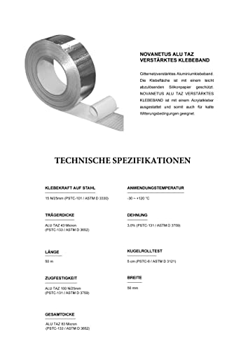 NOVANETUS ALU TAZ Netzverstärkt Aluminium Klebeband, Aluband, Aluminiumband 50mm x 50m für Lüftungs- und Klimaanlagen, Verstärktes Selbstklebeband, Dichtband, Isolieren