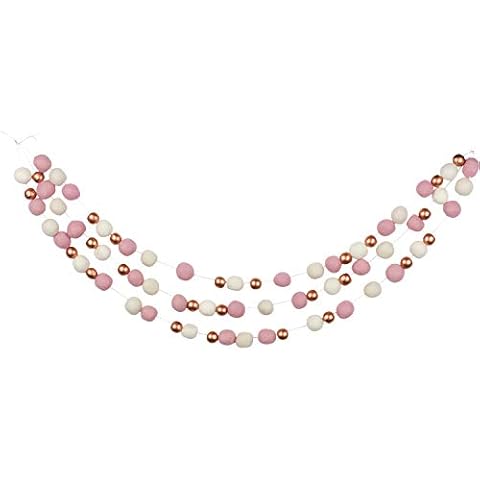 Orchid & Ivy 8 Foot Ivory and Pink Wool Felt Ball Pom Pom Garland with Rose Gold Metallic Wood Beads - 52 Felt 1” Balls and 11 Wood Beads - Vintage Christmas Décor or Wedding Party Birthday Decoration Cover