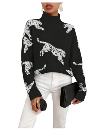 Image of WDIRARA Women's Leopard Tiger Print Sweater High Neck Long Sleeve Fuzzy Knitted Pullover Top