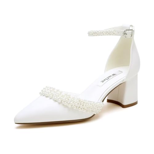 Block Heel Wedding Shoes for Bride Pointed Toe Pearl Heels Ankle Strap Wedding Heels Bridal Shoes