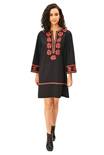 Eshakti Women's Graphic Floral Embroidery Cotton Poplin Shift Dress 4X-28W Black/Red/Beige #TOP3