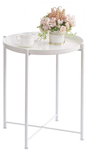 OVICAR Metal Tray End Table, Round Accent Coffee Side Table, Anti-Rust and Waterproof Outdoor Small Side Table, Indoor Modern Sofa Side Table Bedside Table for Living Room Bedroom Balcony (White)