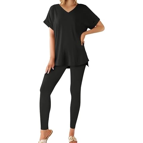 Misakia Women's 2 Piece Outfits Fall Casual Short Sleeve Tunic Tops Legging Pants Lounge Sets Tracksuits Sweatsuits S-2XL Black XL Cover