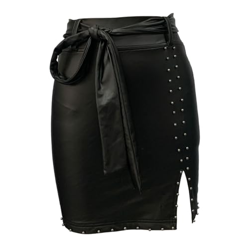 Women's High Waisted Faux Leather Mini Skirt Side Slit Bodycon Fit Club Party with Belt4