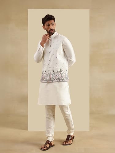 Image of SOJANYA Men's Silk Blend Cream Kurta and Pyjama With Daman Embroidered Nehru Jacket