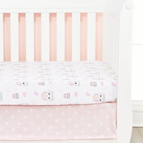 Image of EVERYDAY KIDS 4 Piece Girls Crib Bedding Set - Owls - Soft 100% Cotton Percale - Includes Quilt, Fitted Sheet, Dust Ruffle and Diaper Stacker - Nursery Bedding Set - Baby Crib Bedding Set