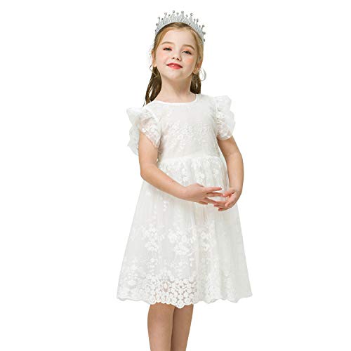 Ttyaovo Little Girls Flower Embroidered Chiffon Casual Dress Size(130) 5-6 Years White #TOP5