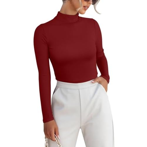 VICHYIE Women Long Sleeve Shirt Mock Neck Ribbed Knit Slim Fitted Fall Clothes Underwear Large Wine Red-no Fleece Lined