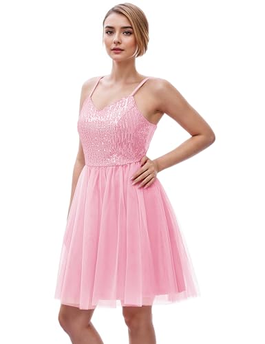 Image of Dressystar 2026 Women's Tiered Sparkly Sequin Glitter Formal Prom Dress Mini Spaghetti Strap Tulle Cocktail Party Dresses