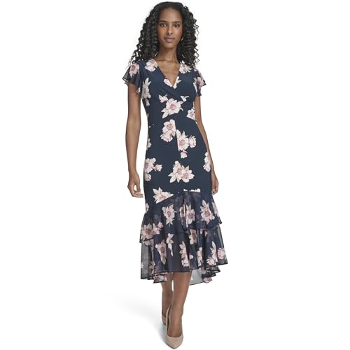 Image of Tommy Hilfiger Women's Flutter Sleeve V-Neck Ruffle Trim Hi-Lo Midi Dress