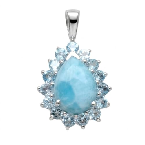 Natural Dominican Larimar 8ct Blue Topaz 925 Solid Sterling Silver Pendant 27mm