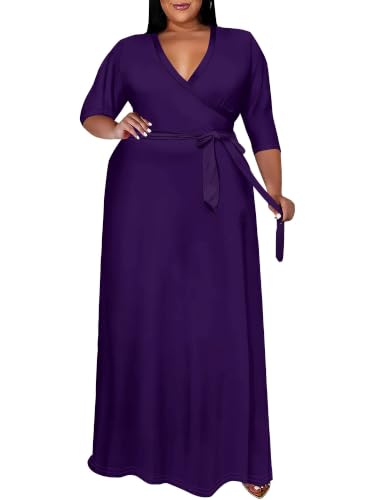 Image of SUZONANA Plus Size Maxi Dresses for Curcy Women Casual Loose 3 /4 Sleeve Long Dress with Belt
