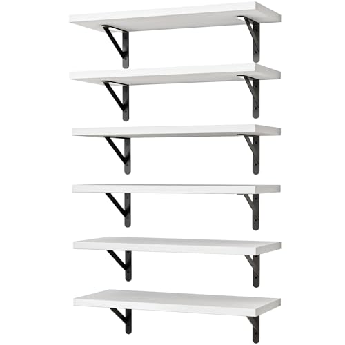 Image of YGEOMER 16.5 Inch Floating Shelves for Wall, Farmhouse Wall Shelves for Bedroom, Bathroom Storage, Living Room and Kitchen Decor (Set of 6 White)