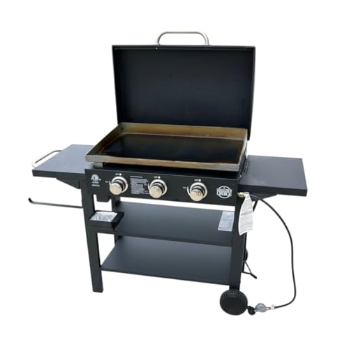 Griller's Choice Gas Griddle with Hinged Hood, Wind Guards, Front Grease Management, 4 Shelves, Propane Griddle for Flattop Grills Outdoor Cooking