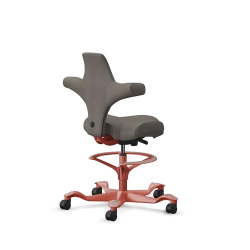 Image of HAG Capisco Sit to Stand Chair-Blush Rose Frame-Upholstered Dark Gray-with Foot Ring