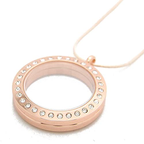 Jojo & Lin Magnetic Floating Locket Charm 30Mm Medium With Snake Chain Mothers Day Gift (Rose Gold Round Crystal) #TOP1