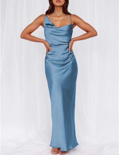 Image of Formal Satin Silk Spaghetti Strap Maxi Dresses for Women Wedding Guest