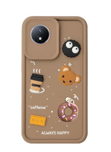 Image of Bintage Cute Fun Taddy Cartoon 3D Ball Bear Milk Donut Coffee Cup Silicon Case Full Body & Camera Protection Back Cover Compatible for Vivo Y02t - Brown