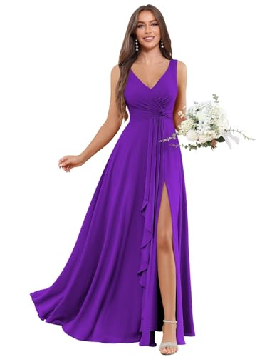 Image of BOLENSYE Bridesmaid Dresses Long Ruched Ruffles Chiffon A Line Evening Party Gown with Pockets Slit