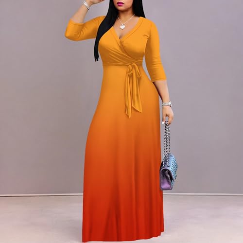 Image of PinkPatty Women's Plus Size Maxi Dress Casual 3 /4 Sleeve Dress with Belt | Soft stretch feel, printed style, flowy A-line fit, v neck, waist tie, side pockets, for vacation, party and daily wear