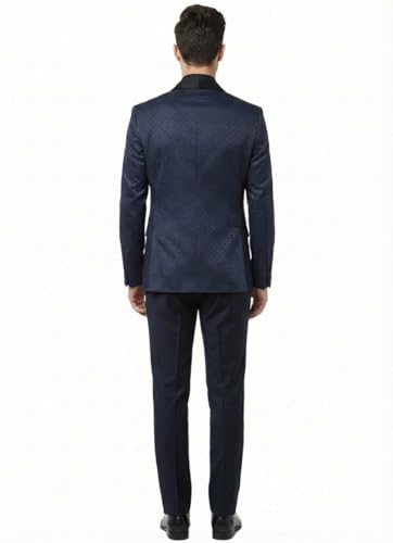 Image of Men's Navy Blue Jacquard Tuxedo Suit with Black Shawl Lapel, 3-Piece Formal Wedding Ensemble, Red Pocket Square