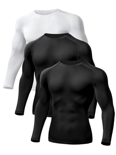 [Odoland] 3枚組 メンズ長袖丸首コンプレッションウエア 伸縮性 吸汗速乾 加圧シャツ ボディビル補正下着 筋トレ お腹引き締め 加圧式インナー スポーツインナー 秋冬運動着 ブラック+ブラック+ホワイト M