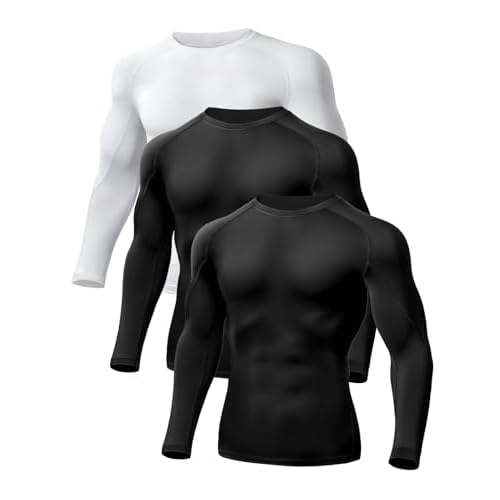 Odoland 3 Pack Men Compression Long Sleeve Shirts, Athletic Workout Undershirt Base Layer Top for Winter Sports Black/Black/White XX-Large