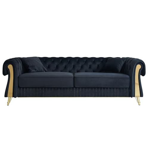 Image of KEIKI 89 inch Chesterfield Velvet Button Tufted Sofa with High Density Foam Cushions and 2 Toss Pillows, Modern Style 3-Seater Couch with 4 Gold Metal Leg, Easy Assembly, for Living Room, Apartment, Black