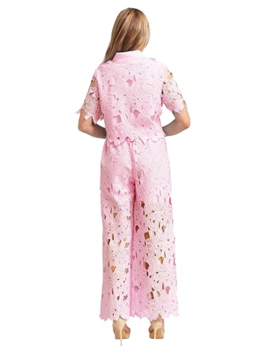 YiZYiF Women's Sweatsuits & Tracksuits Lace 2 Piece Pants Outfit Casual Shirt Blouse Top Long Wide Leg Palazzo Pants Set2