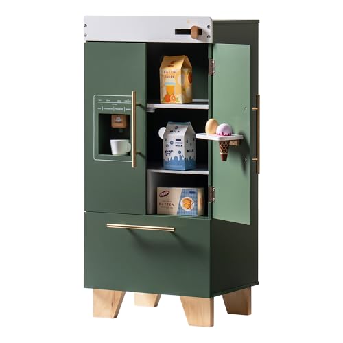 ROBOTIME Refrigerador de Juguete de Madera - Juego de Cocina Infantil con dispensador de Hielo y Accesorios, refrigerador de Juego para niños y niñas a Partir de 3 años (Verde Vintage)