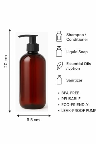 Image of Prakash 500 ml Amber Bottle (Pack of 12) Empty Plastic Trophy Pump Bottles Dispenser Portable Shampoo Lotion Hand Pump Bottle