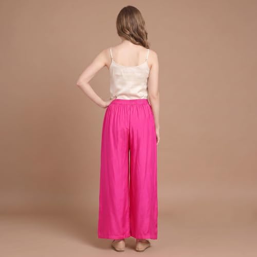 Image of FASHION GALLERY Women's Solid Rayon Palazzo Pants | Relaxed Fit Full Length Wide Leg Palazzo | Elastic Waist Comfortable Casual Lounge Office Ethnic Flared Trousers for Women