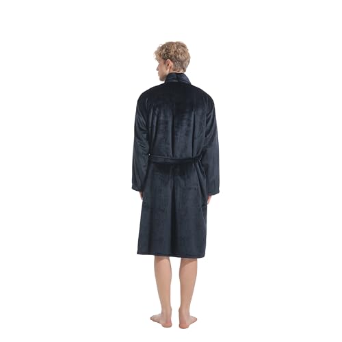 Plush Velvet Bathrobe for Men, Long Length Soft Spa Robe with Shawl Collar & Belt, Thick Absorbent Hotel Style Lightweight Fabric, Gift for Him (Navy Blue)3