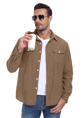 Image of Askdeer Men's Corduroy Button Down Shirts Long Sleeve Casual Shacket Jacket Western Corduroy Shirt Jacket with Flap Pockets