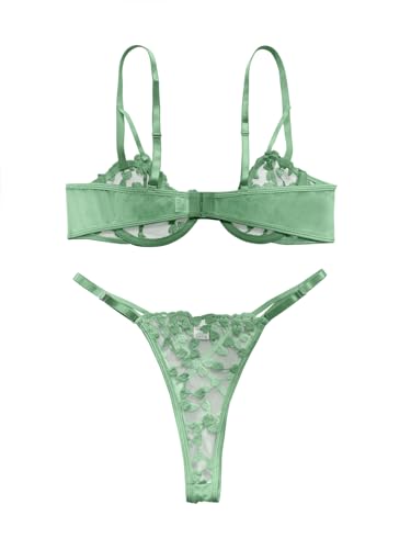 Image of Lilosy Sexy Underwire Cute Push Up Strappy Embroidered Mesh Sheer Lingerie Set See Through Panty Bra