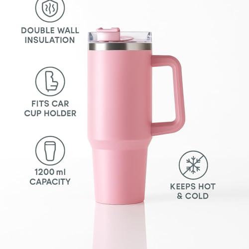 Image of Nestara Stainless Steel Tumbler - 1200ml, Leakproof Water Cup with Handle, Lid & Straw for Hot & Cold Drinks, Coffee Mug for Gym, Travel, Office & Outdoor (Pink)